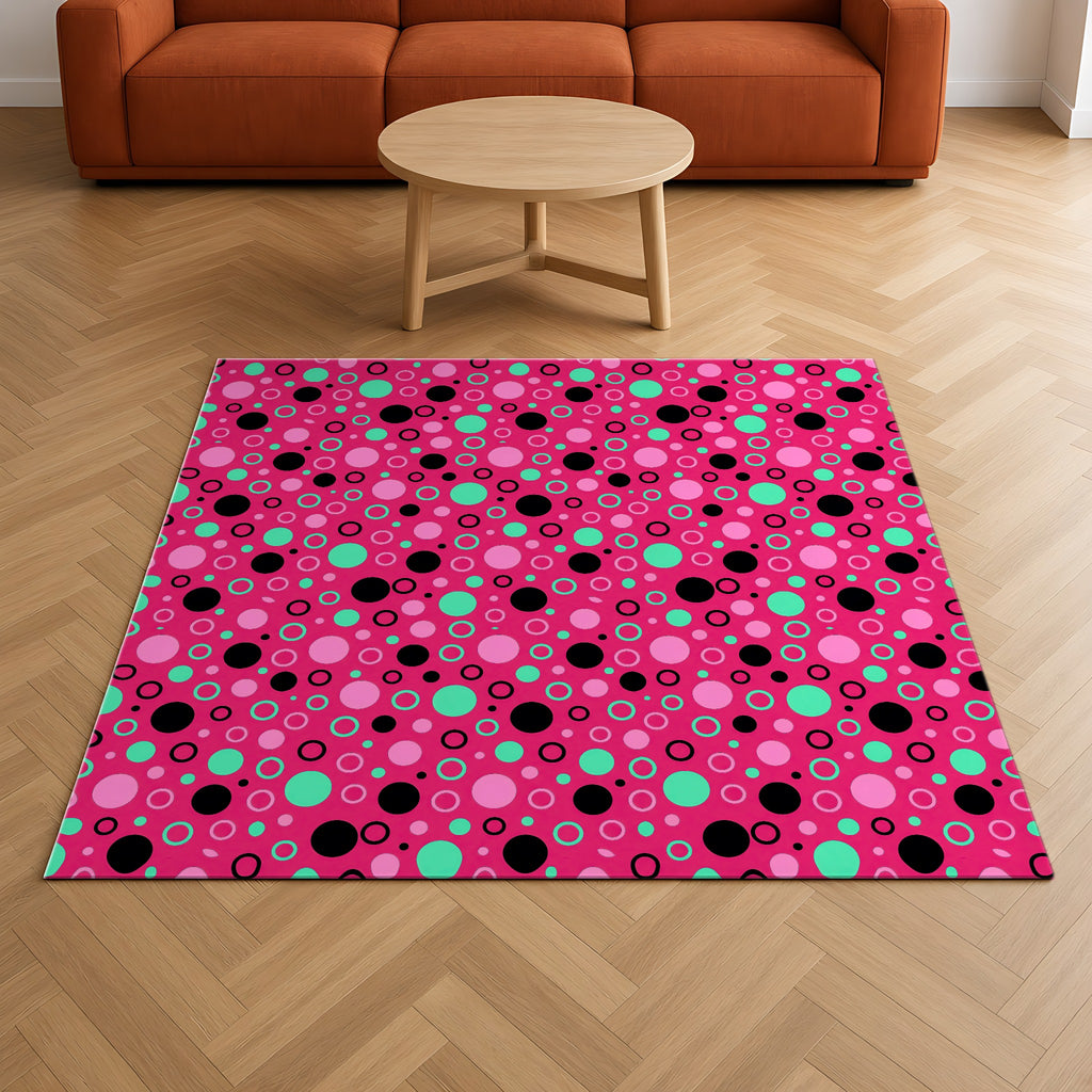 Bubble Outlines Outdoor Rug on a herringbone wood floor in a living room