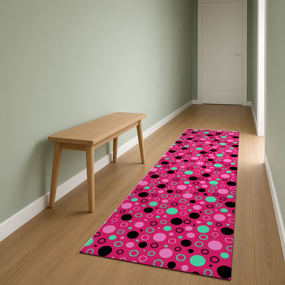 Bubble Outlines Outdoor Rug as a runner in a sage-green hallway