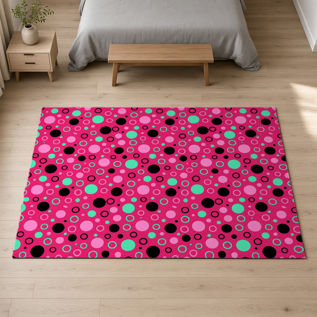 Bubble Outlines Outdoor Rug on a pale oak floor in a calm bedroom