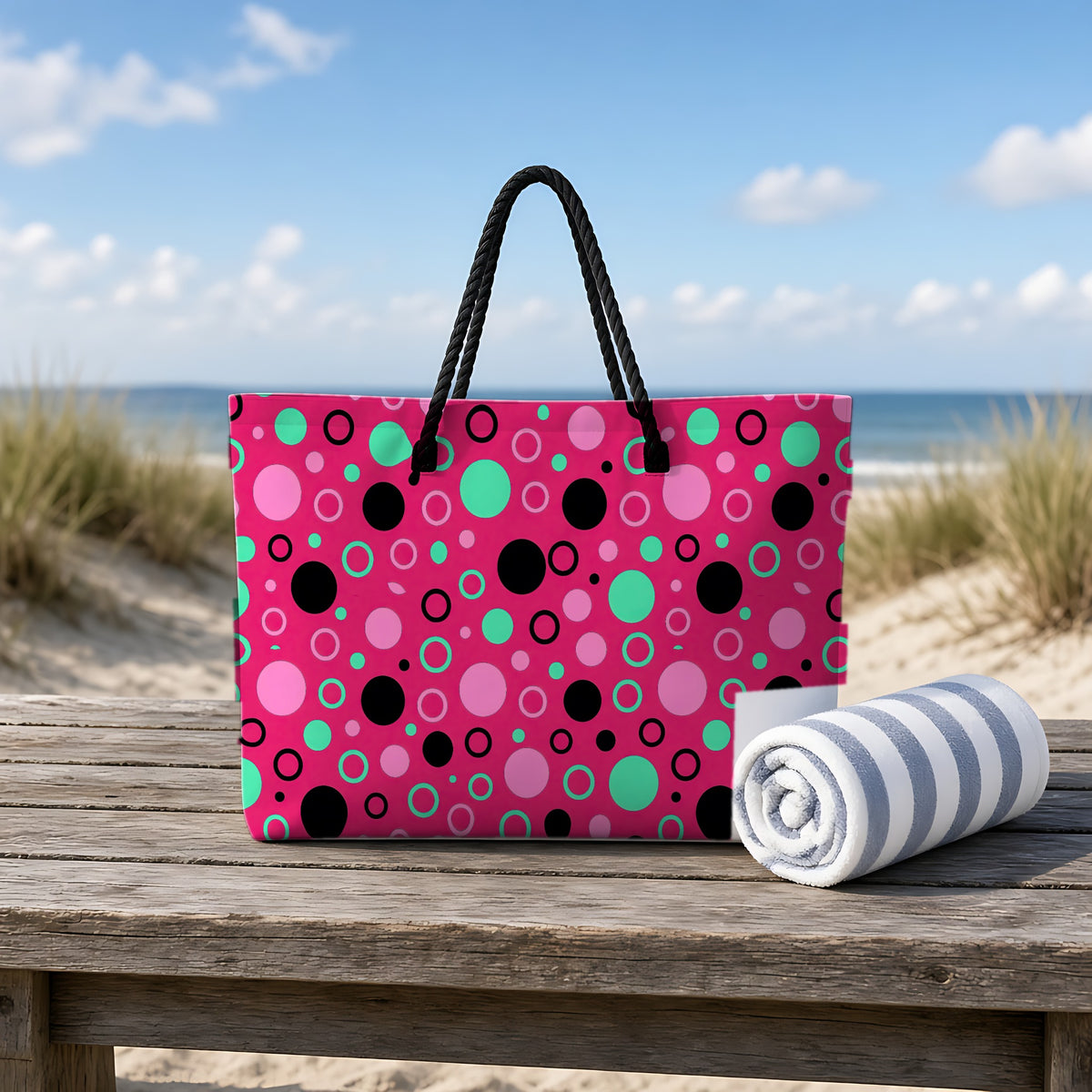 Bubble Outlines Weekender Tote Bag on a rustic table by the beach