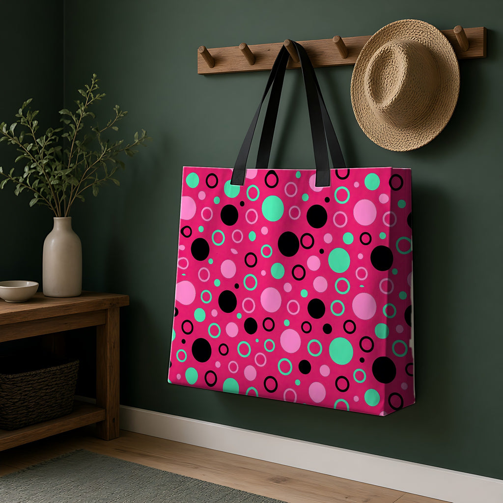Bubble Outlines Weekender Tote Bag hanging on a peg rail in a green hallway