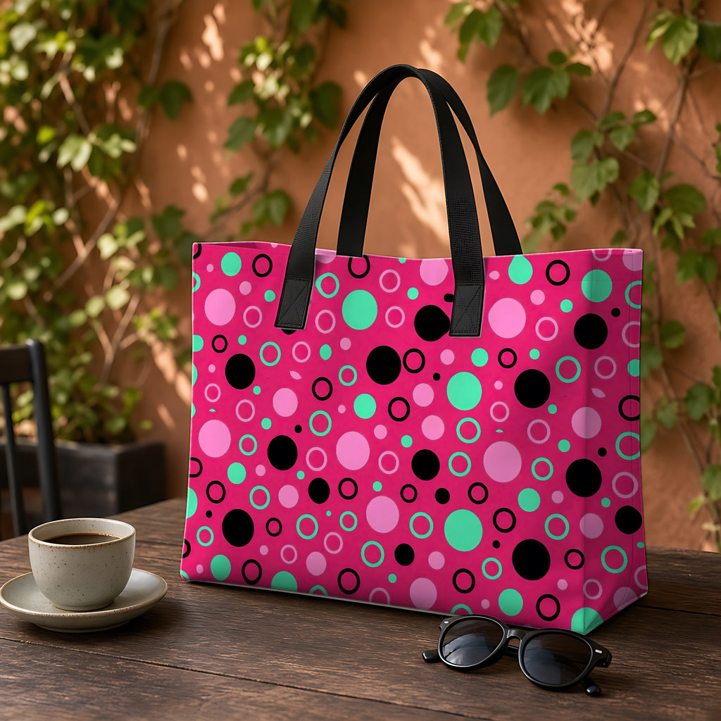 Bubble Outlines Weekender Tote Bag on a garden café table