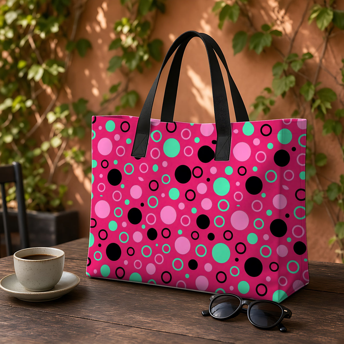 Bubble Outlines Weekender Tote Bag on a garden café table