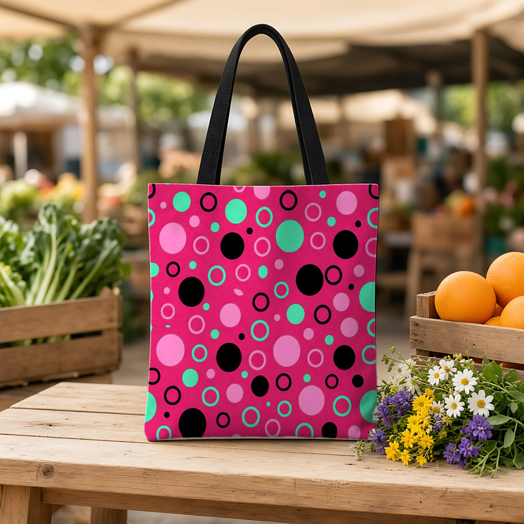 Bubble Outlines Weekender Tote Bag on a wooden bench at a farmers market