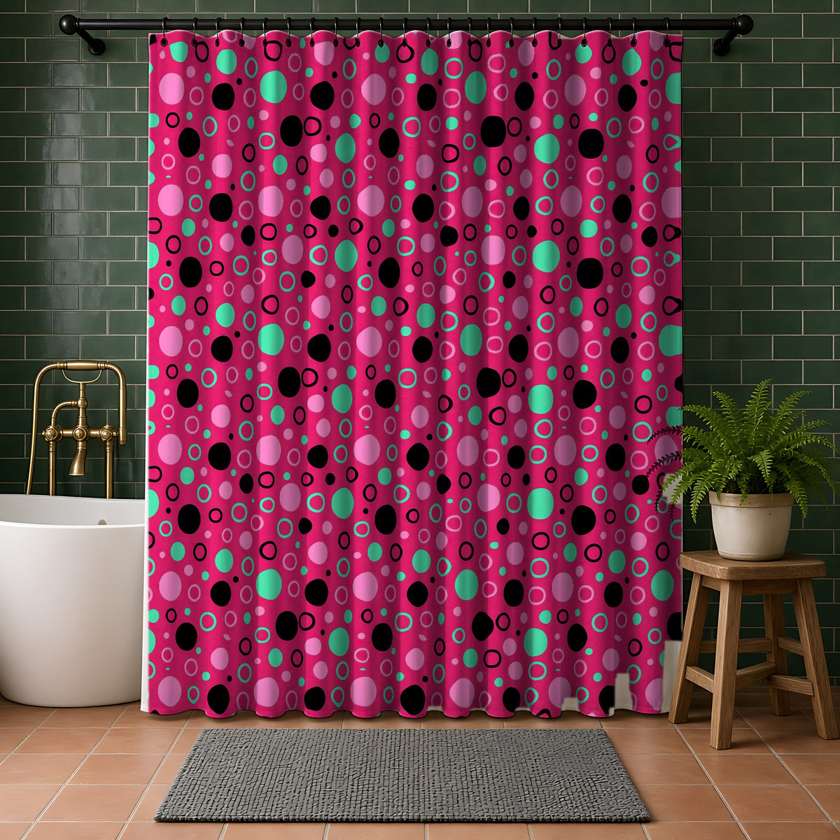 Bubble Outlines Shower Curtain in a bathroom with dark green tiles