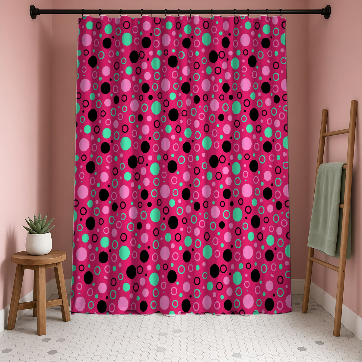 Bubble Outlines Shower Curtain in a blush-pink bathroom