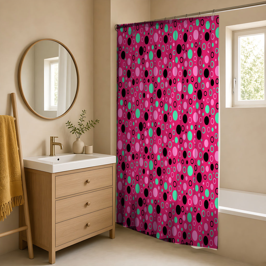 Bubble Outlines Shower Curtain in a warm neutral bathroom with an oak vanity