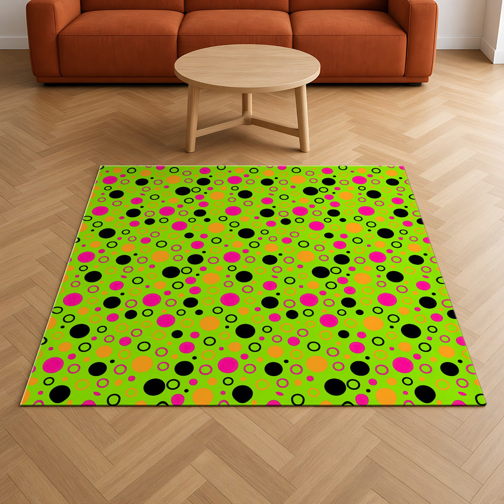 Bubble Outlines Outdoor Rug on a herringbone wood floor in a living room