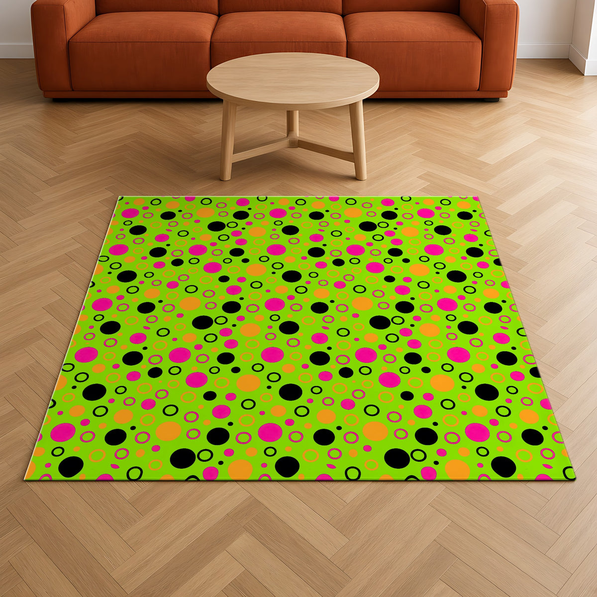 Bubble Outlines Outdoor Rug on a herringbone wood floor in a living room