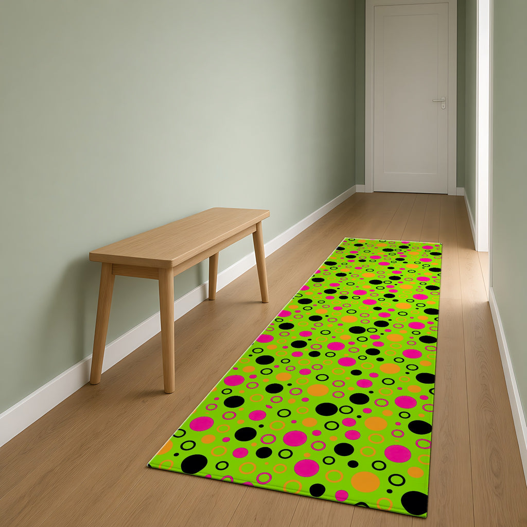 Bubble Outlines Outdoor Rug as a runner in a sage-green hallway