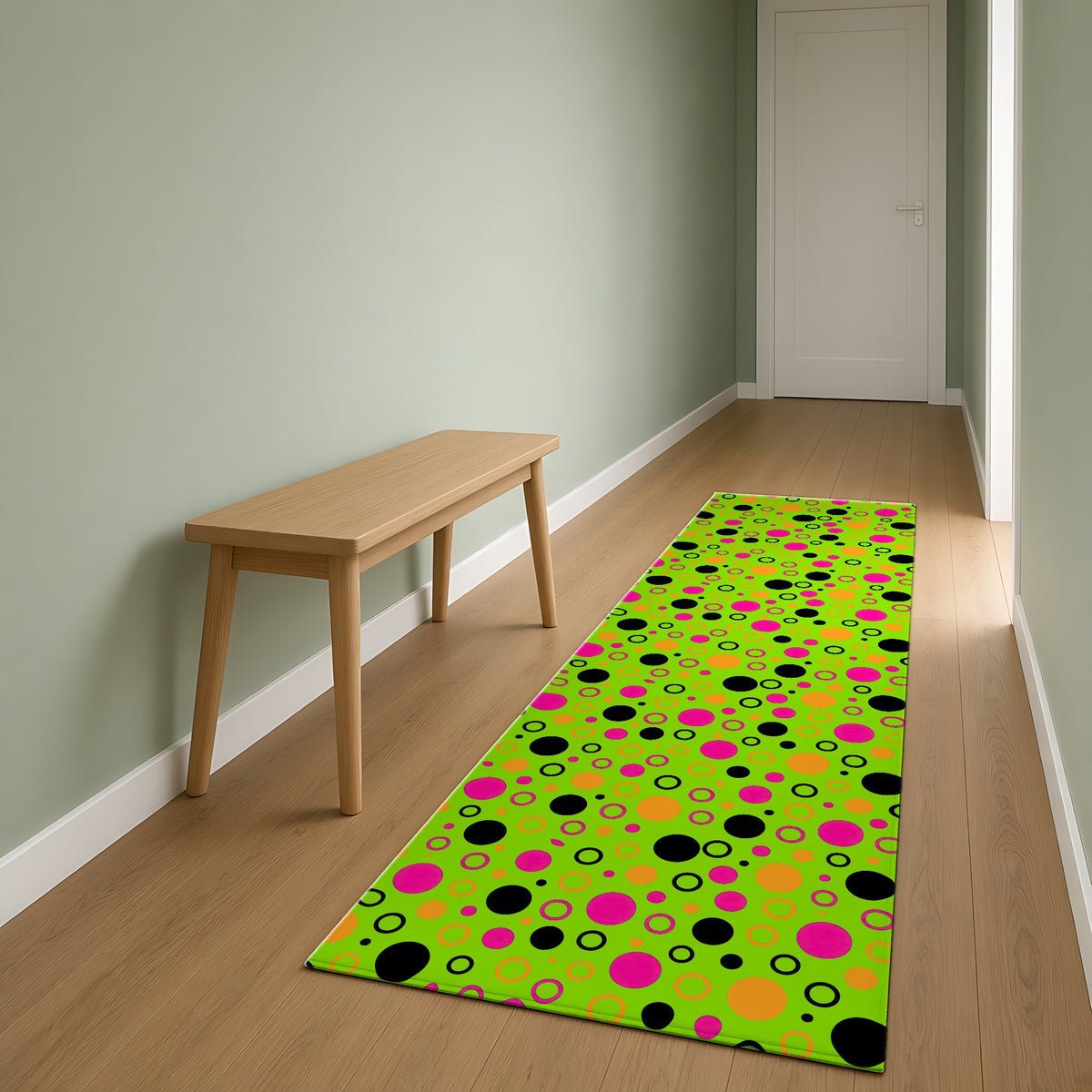 Bubble Outlines Outdoor Rug as a runner in a sage-green hallway