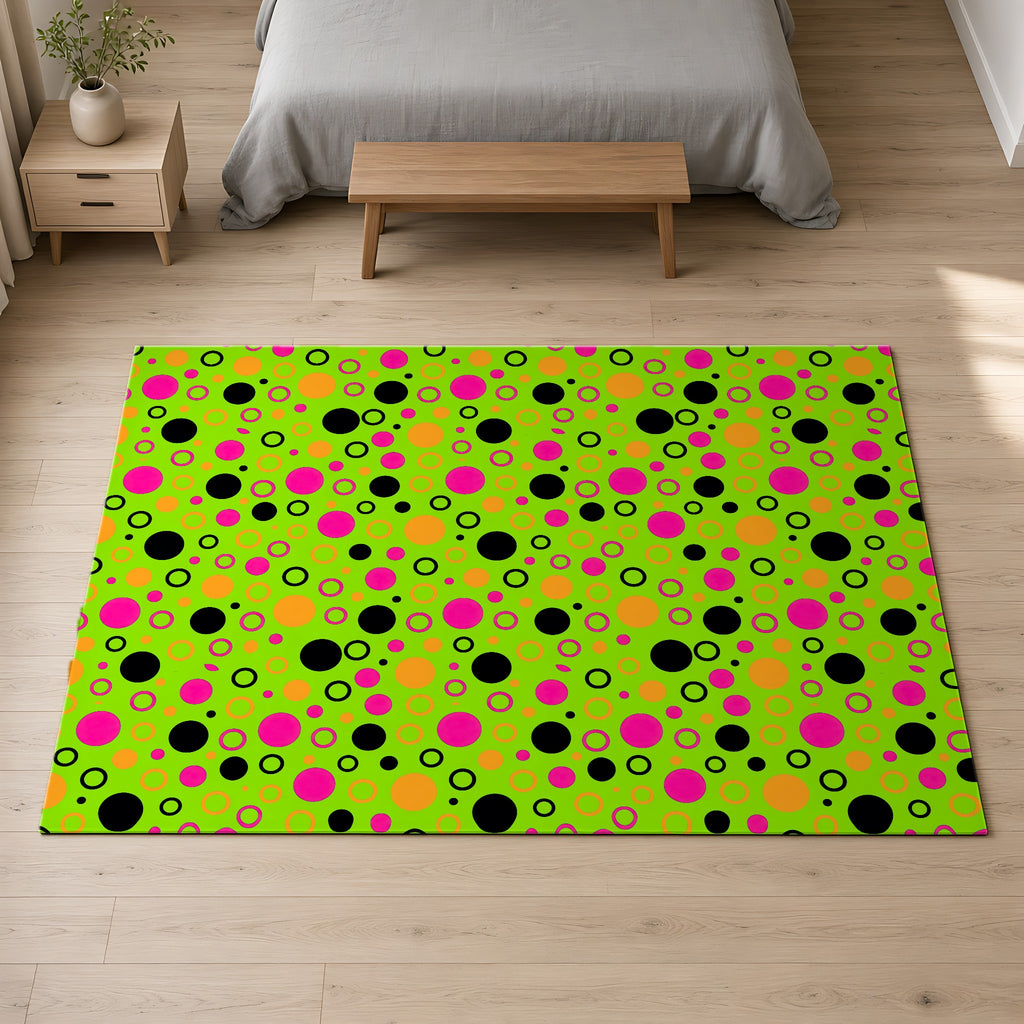 Bubble Outlines Outdoor Rug on a pale oak floor in a calm bedroom