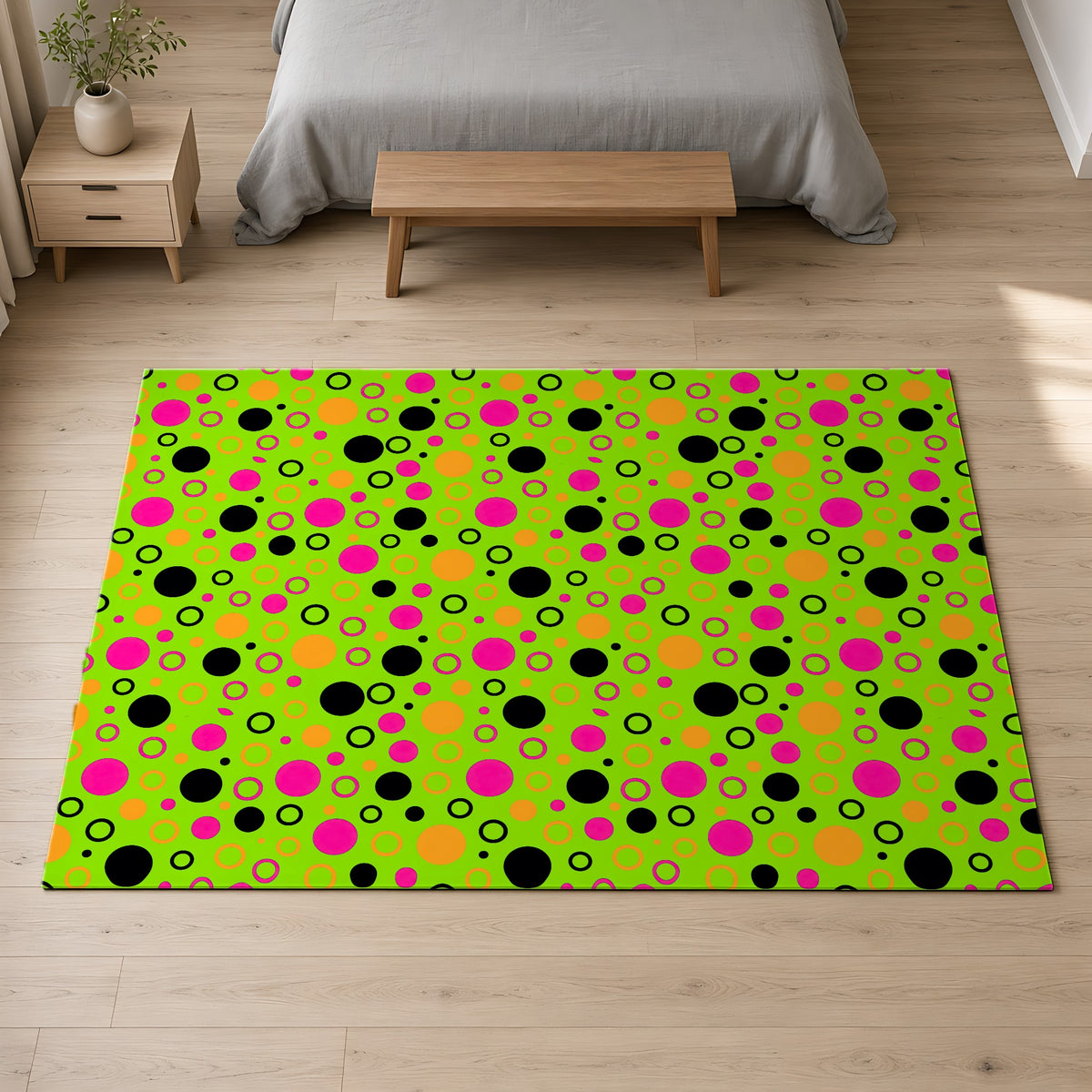 Bubble Outlines Outdoor Rug on a pale oak floor in a calm bedroom