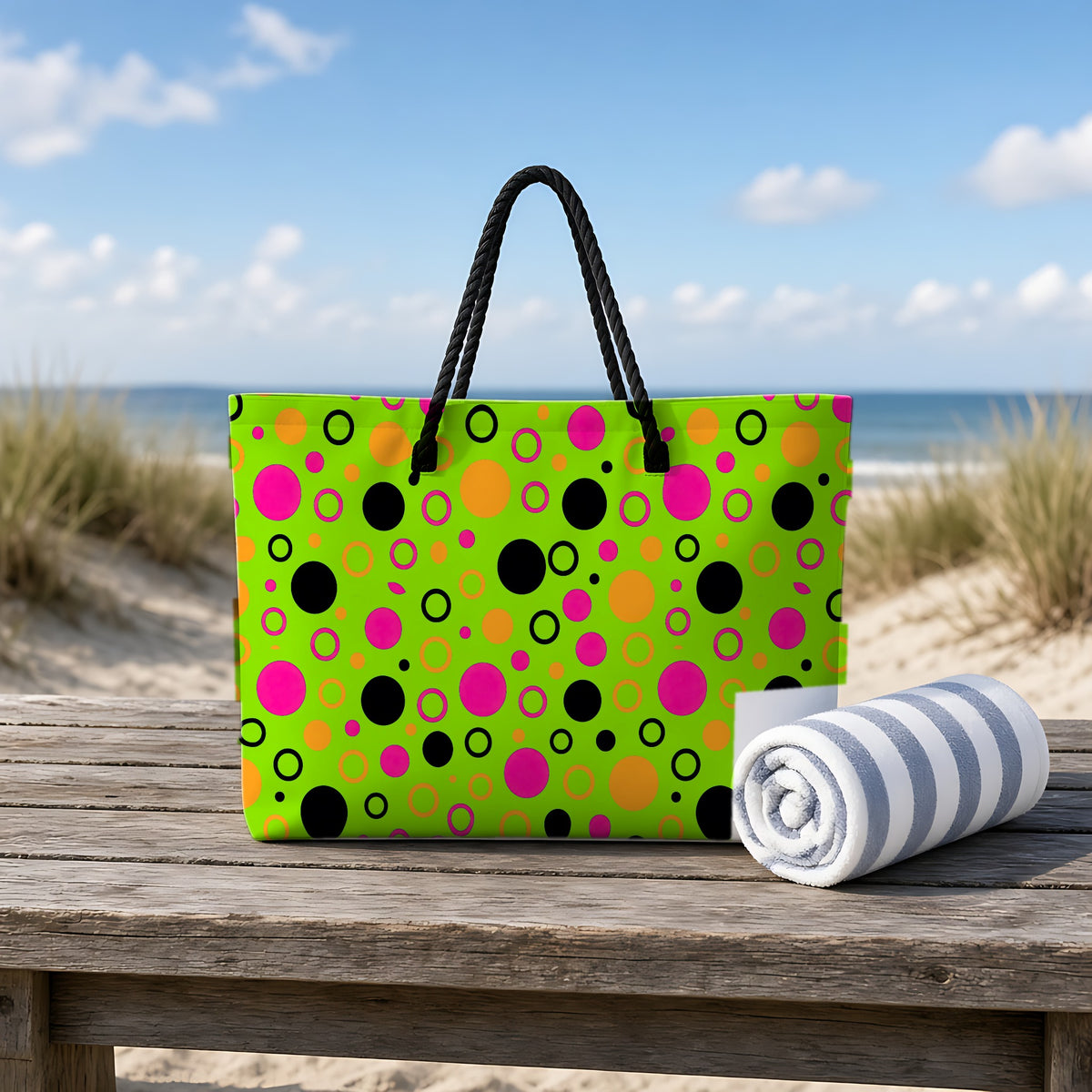 Bubble Outlines Weekender Tote Bag on a rustic table by the beach