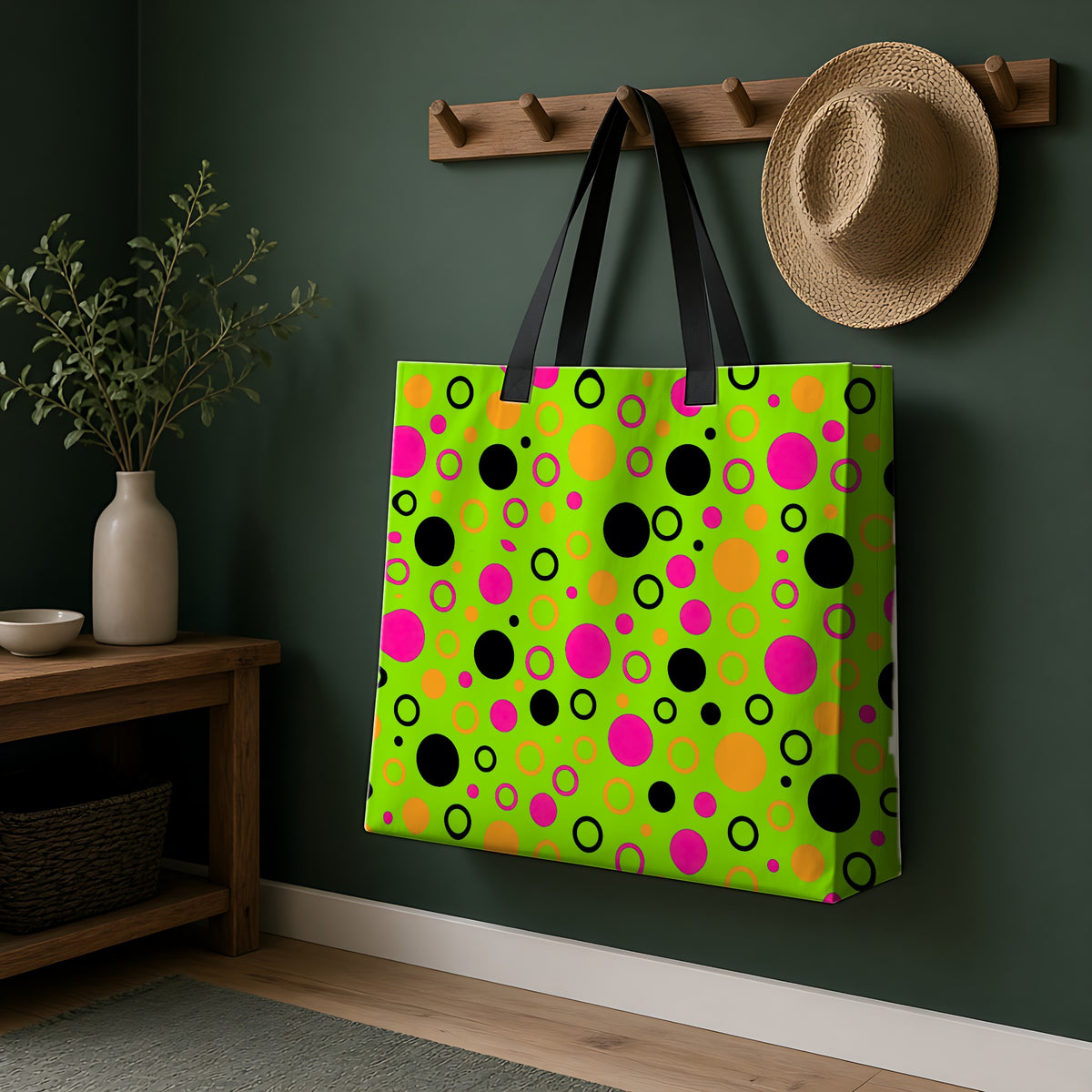 Bubble Outlines Weekender Tote Bag hanging on a peg rail in a green hallway