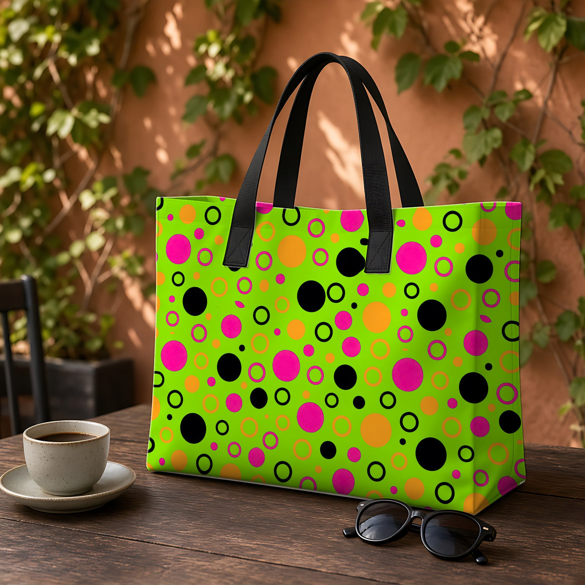 Bubble Outlines Weekender Tote Bag on a garden café table
