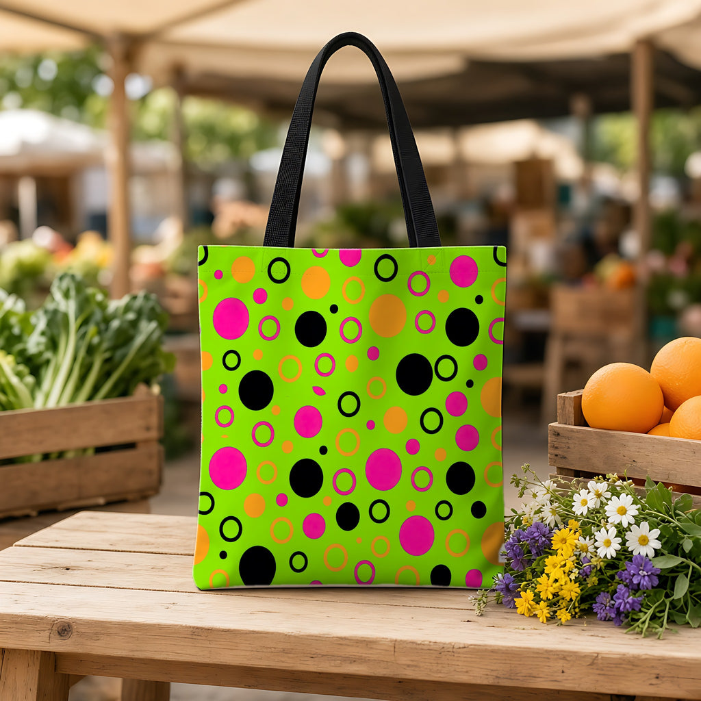 Bubble Outlines Weekender Tote Bag on a wooden bench at a farmers market
