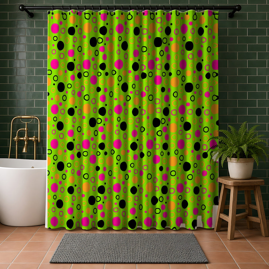 Bubble Outlines Shower Curtain in a bathroom with dark green tiles