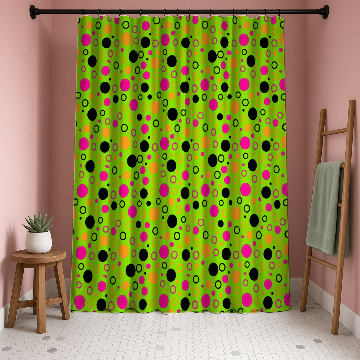 Bubble Outlines Shower Curtain in a blush-pink bathroom