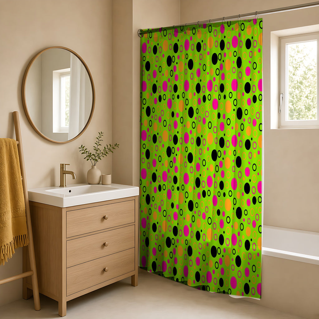 Bubble Outlines Shower Curtain in a warm neutral bathroom with an oak vanity
