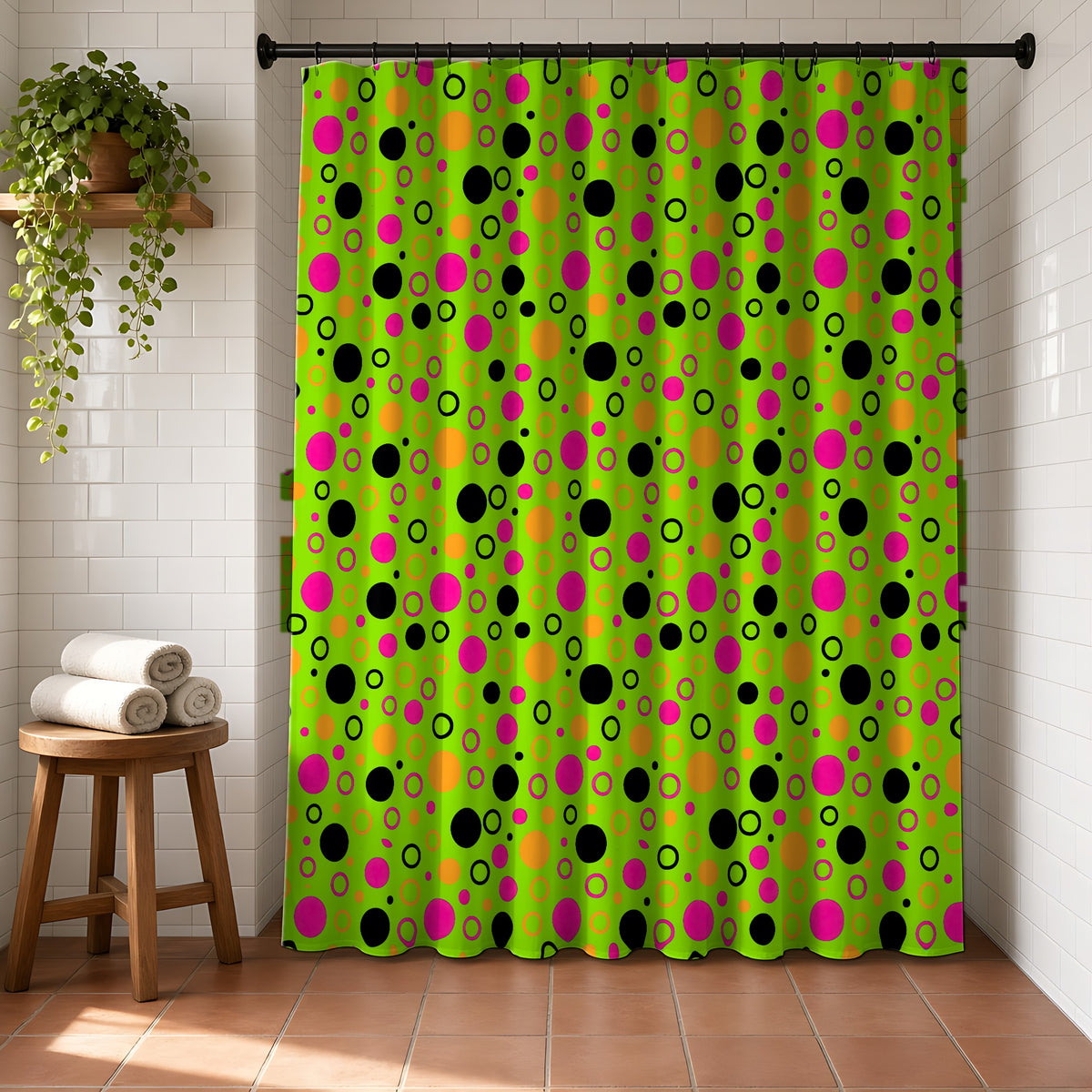 Bubble Outlines Shower Curtain in a bright bathroom with white tiles and a terracotta floor