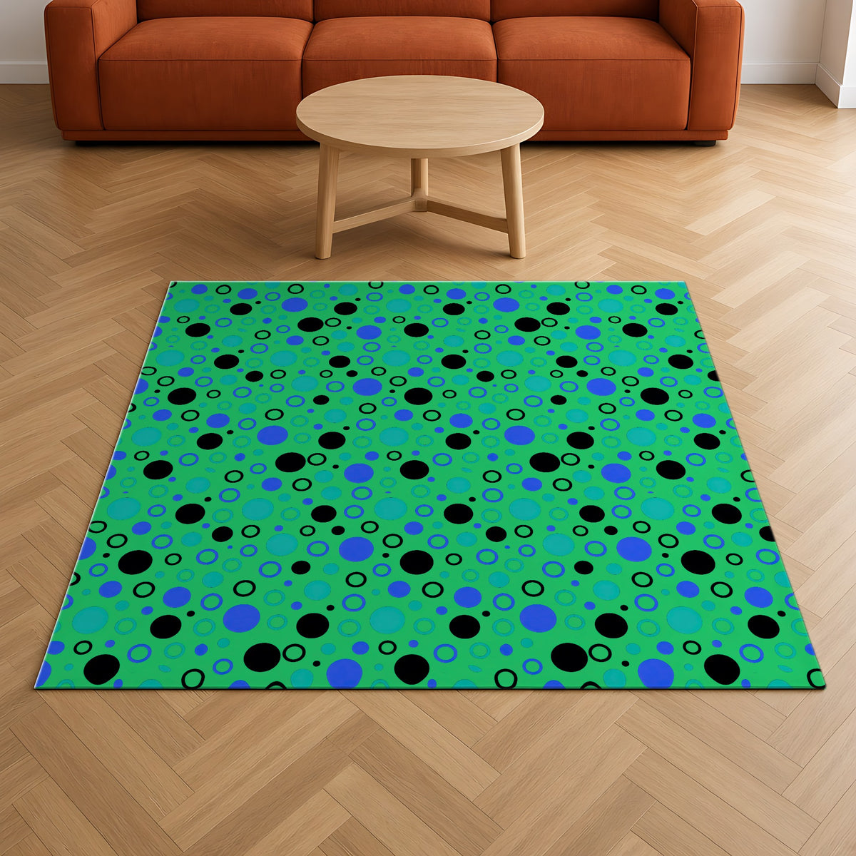 Bubble Outlines Outdoor Rug on a herringbone wood floor in a living room