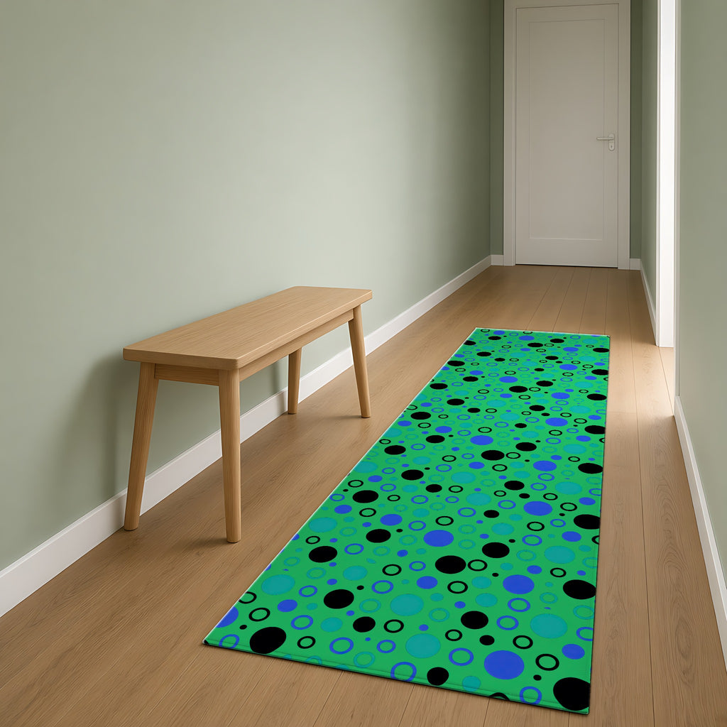 Bubble Outlines Outdoor Rug as a runner in a sage-green hallway