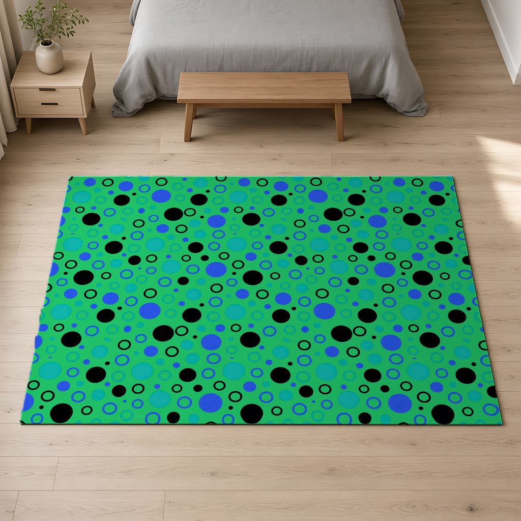 Bubble Outlines Outdoor Rug on a pale oak floor in a calm bedroom