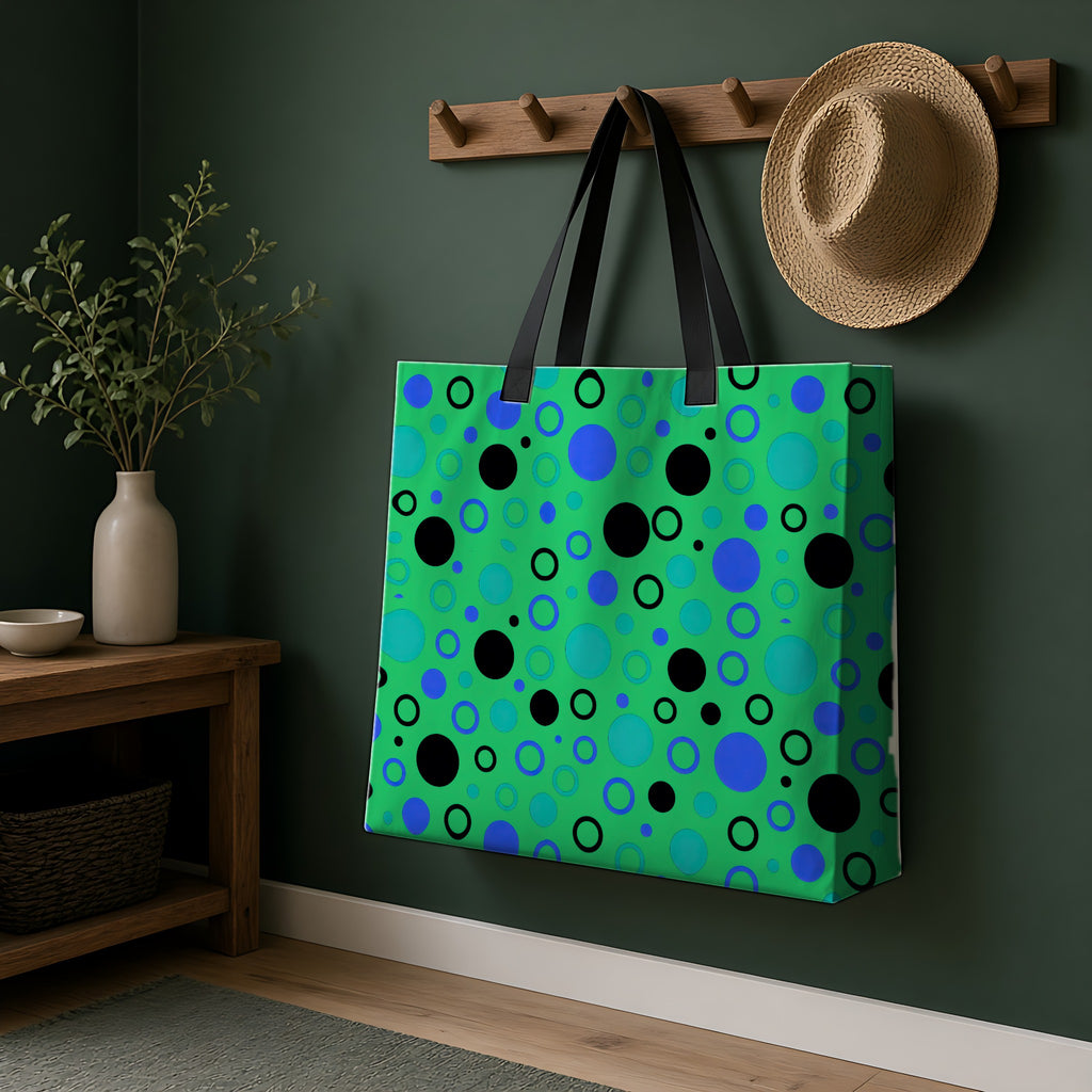Bubble Outlines Weekender Tote Bag hanging on a peg rail in a green hallway
