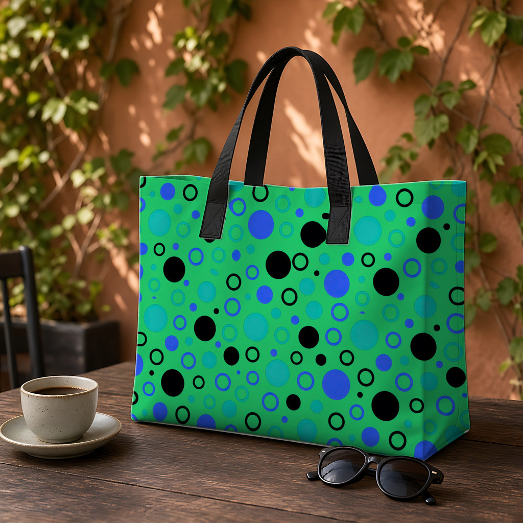 Bubble Outlines Weekender Tote Bag on a garden café table