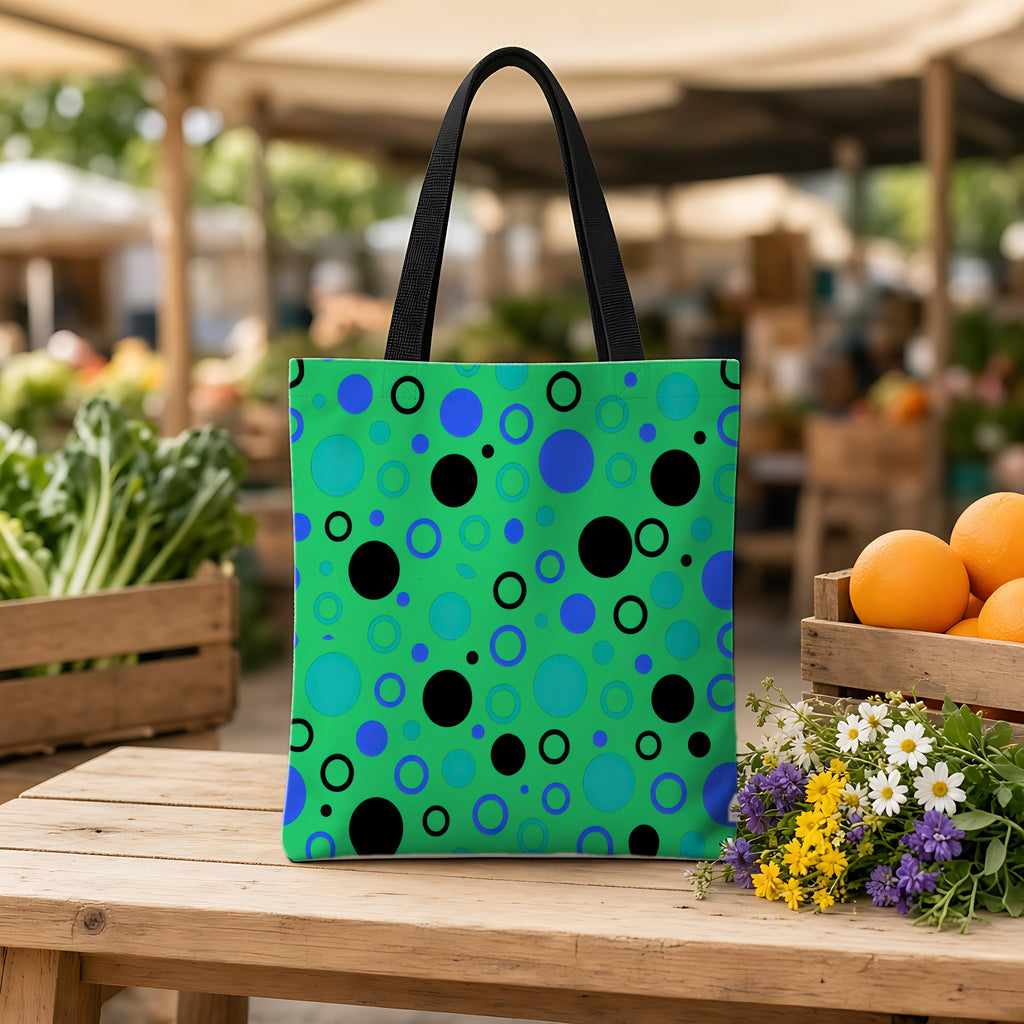 Bubble Outlines Weekender Tote Bag on a wooden bench at a farmers market