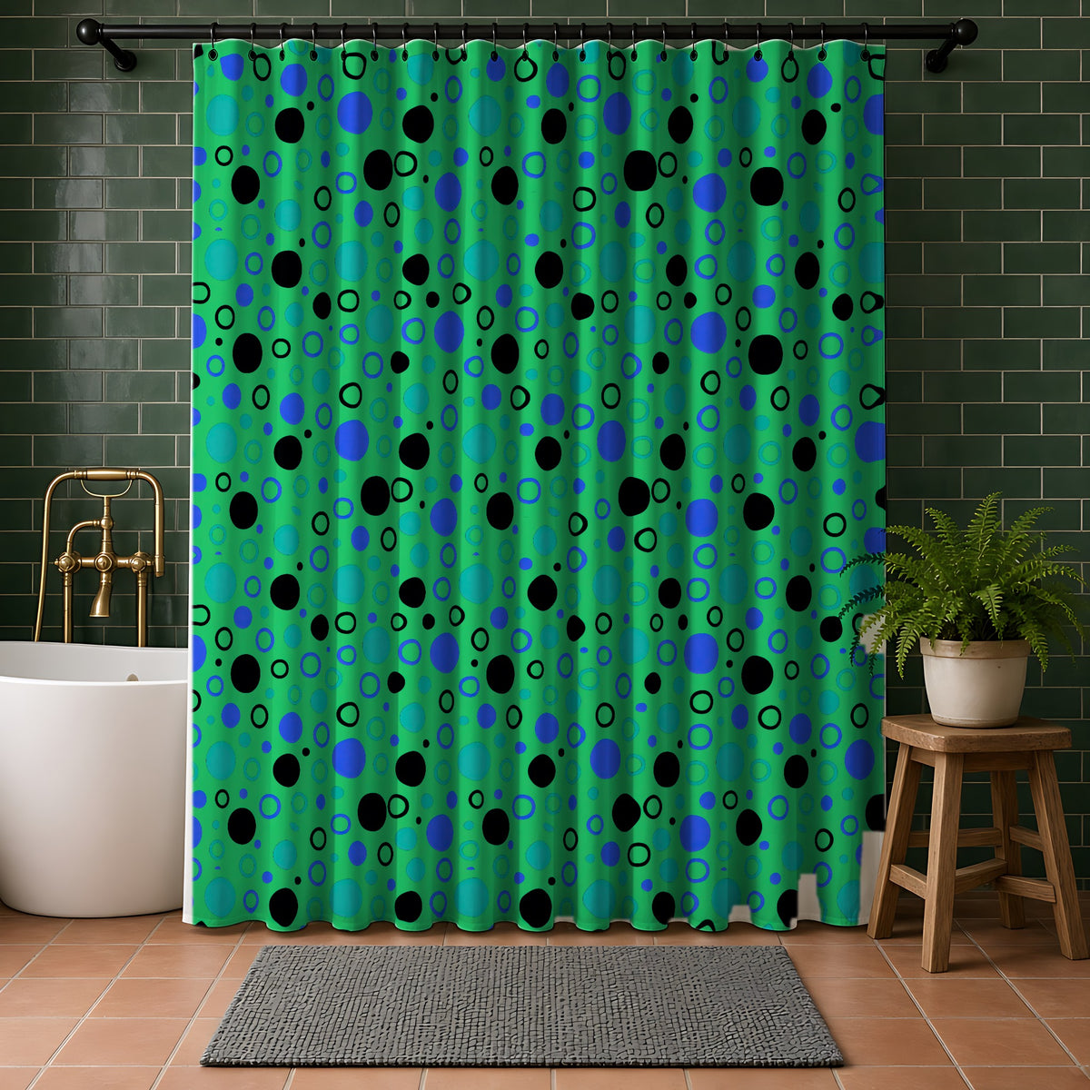 Bubble Outlines Shower Curtain in a bathroom with dark green tiles