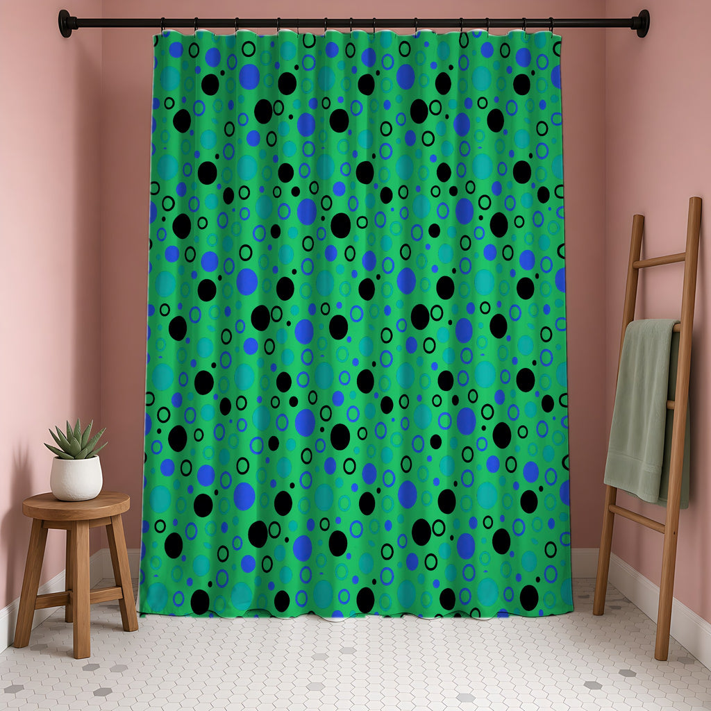 Bubble Outlines Shower Curtain in a blush-pink bathroom