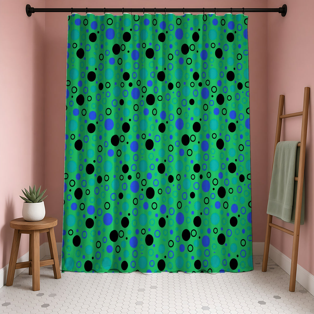 Bubble Outlines Shower Curtain in a blush-pink bathroom