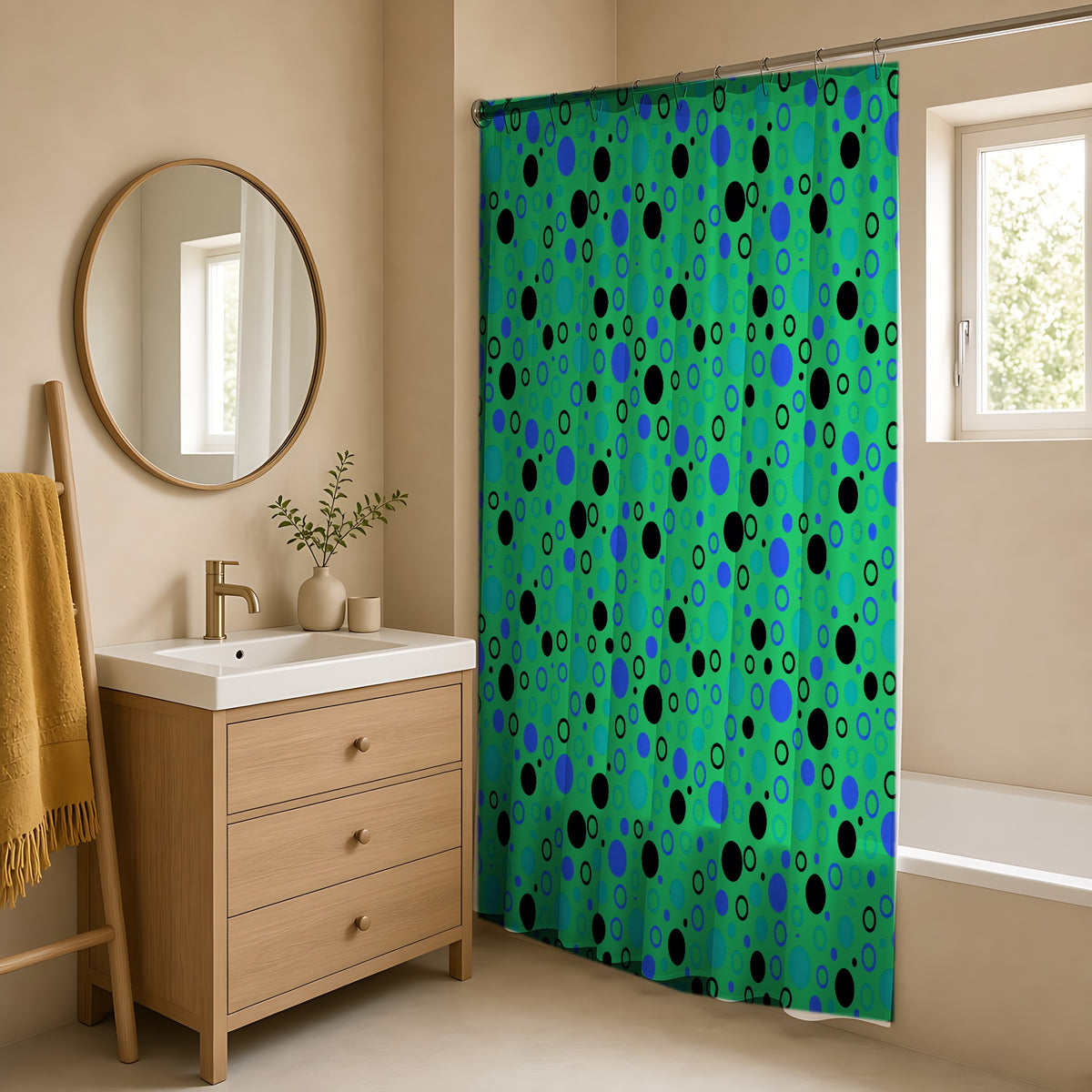 Bubble Outlines Shower Curtain in a warm neutral bathroom with an oak vanity