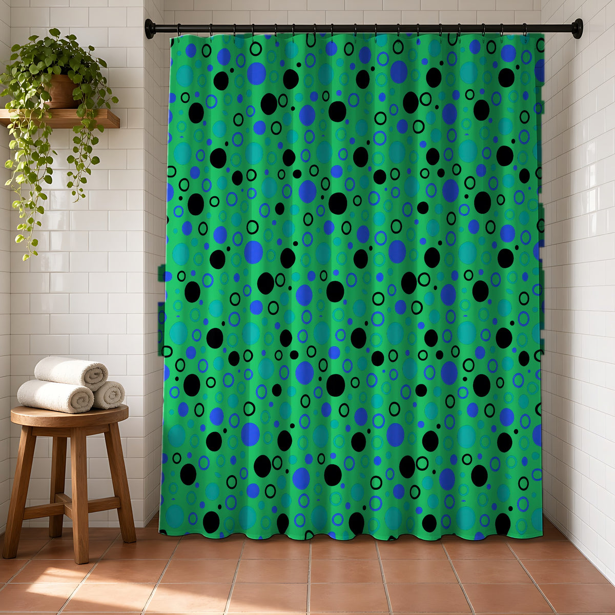 Bubble Outlines Shower Curtain in a bright bathroom with white tiles and a terracotta floor