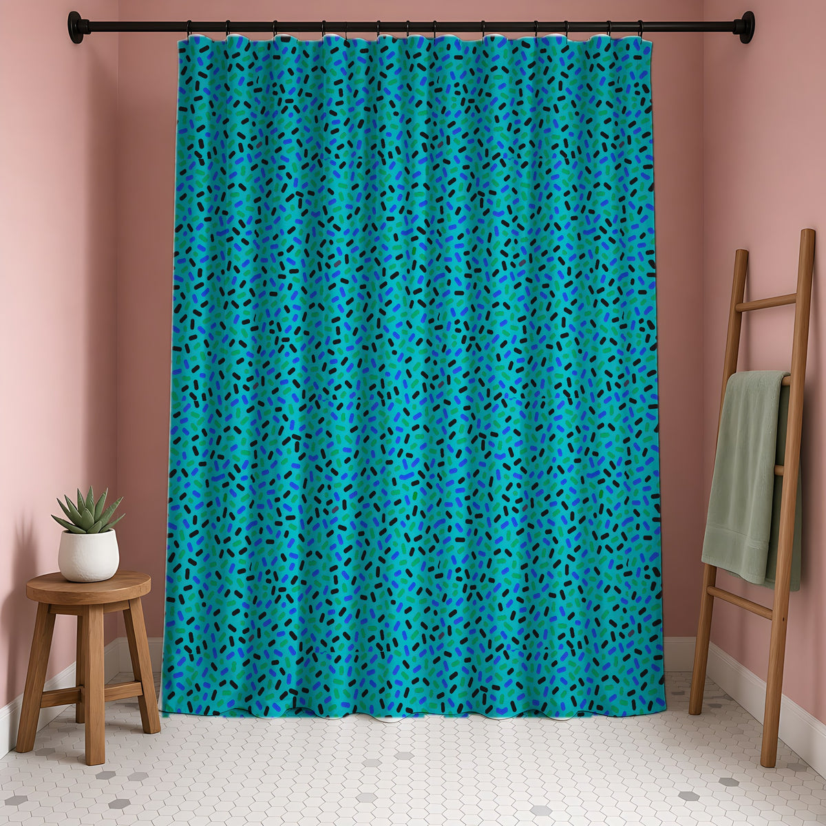Sprinkle Pop Shower Curtain in a blush-pink bathroom