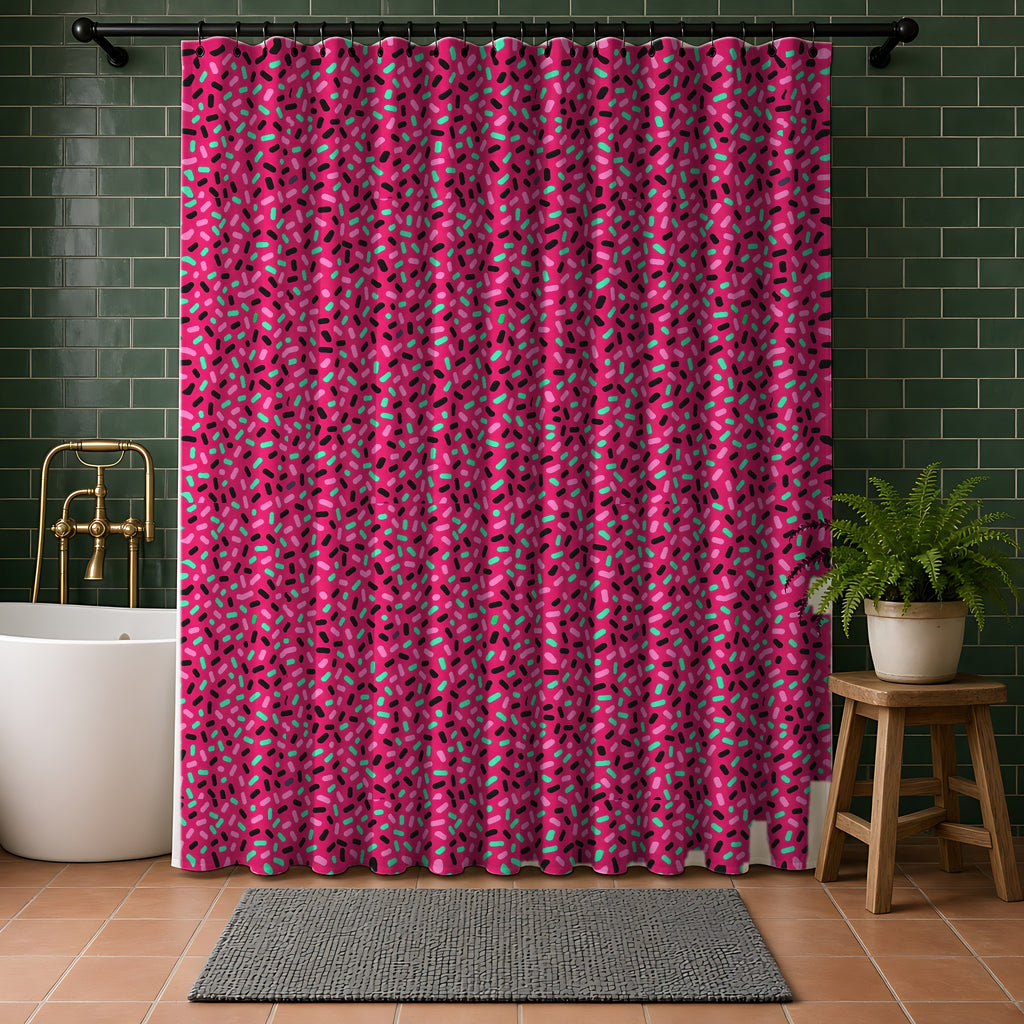 Sprinkle Pop Shower Curtain in a bathroom with dark green tiles