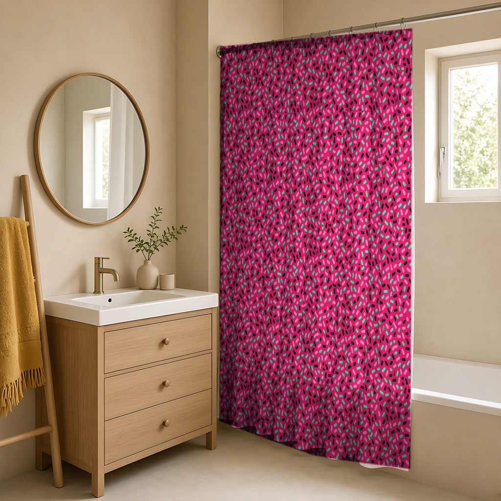 Sprinkle Pop Shower Curtain in a warm neutral bathroom with an oak vanity