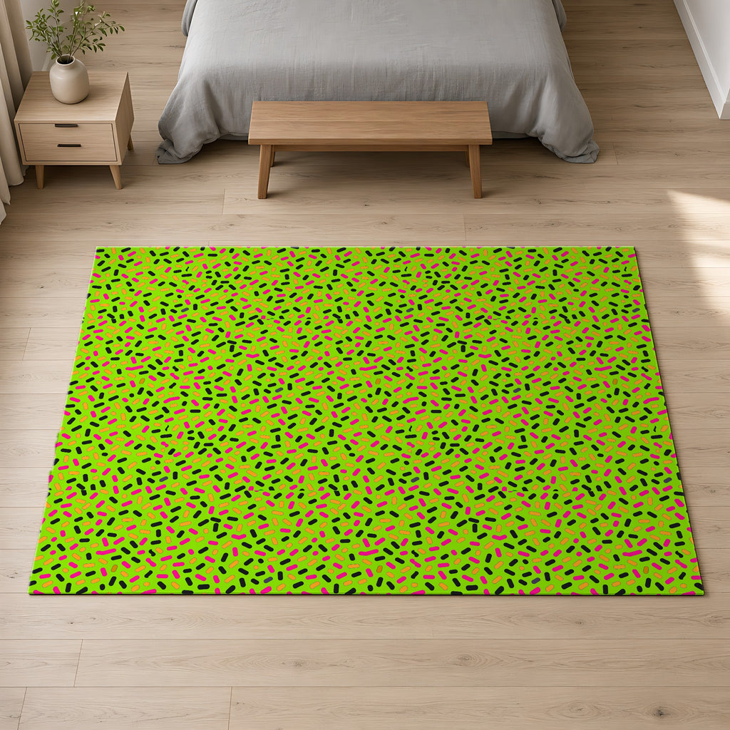 Sprinkle Pop Outdoor Rug on a pale oak floor in a calm bedroom