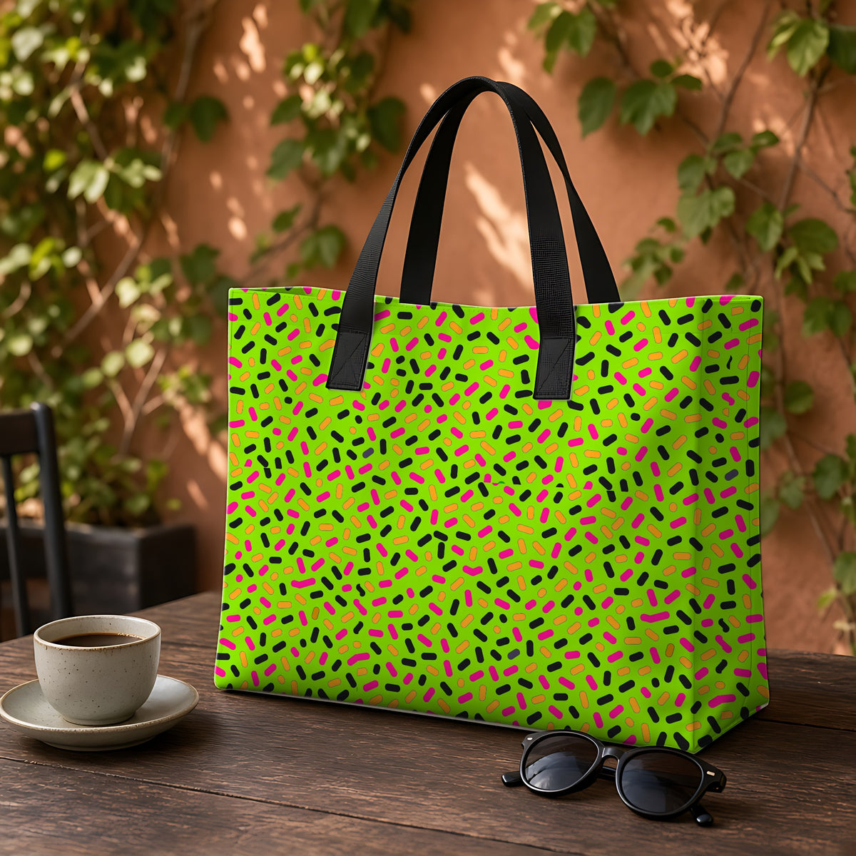 Sprinkle Pop Weekender Tote Bag on a garden café table
