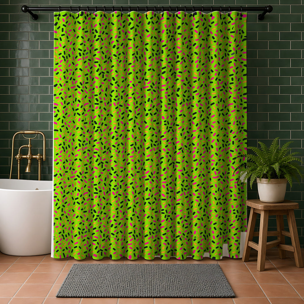 Sprinkle Pop Shower Curtain in a bathroom with dark green tiles