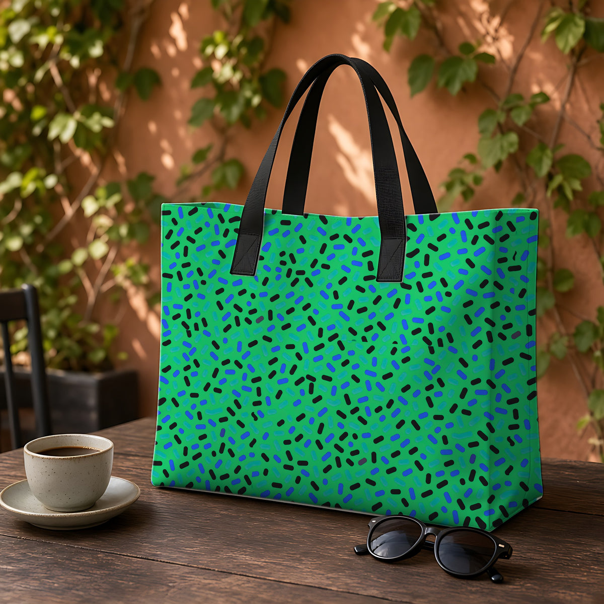 Sprinkle Pop Weekender Tote Bag on a garden café table