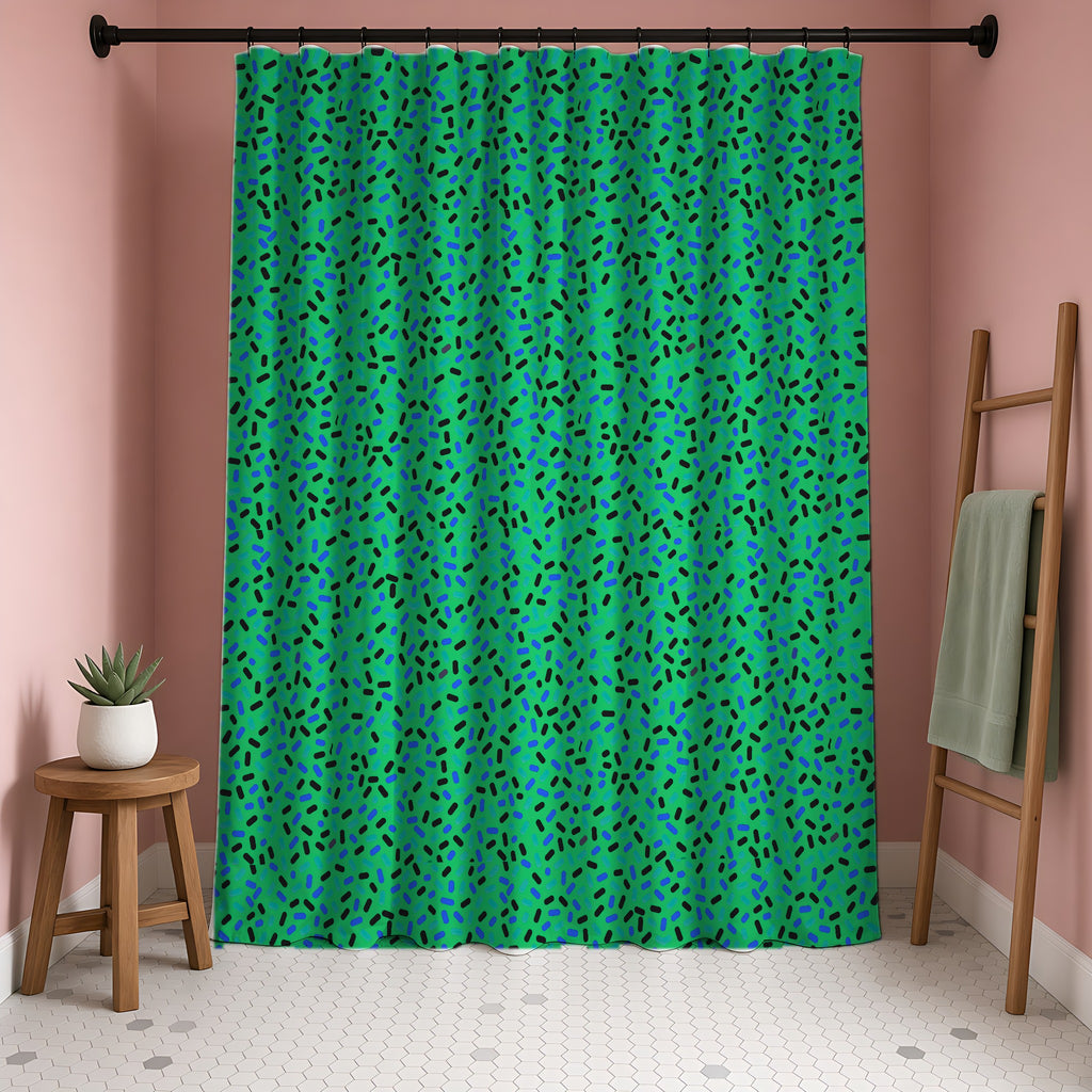 Sprinkle Pop Shower Curtain in a blush-pink bathroom