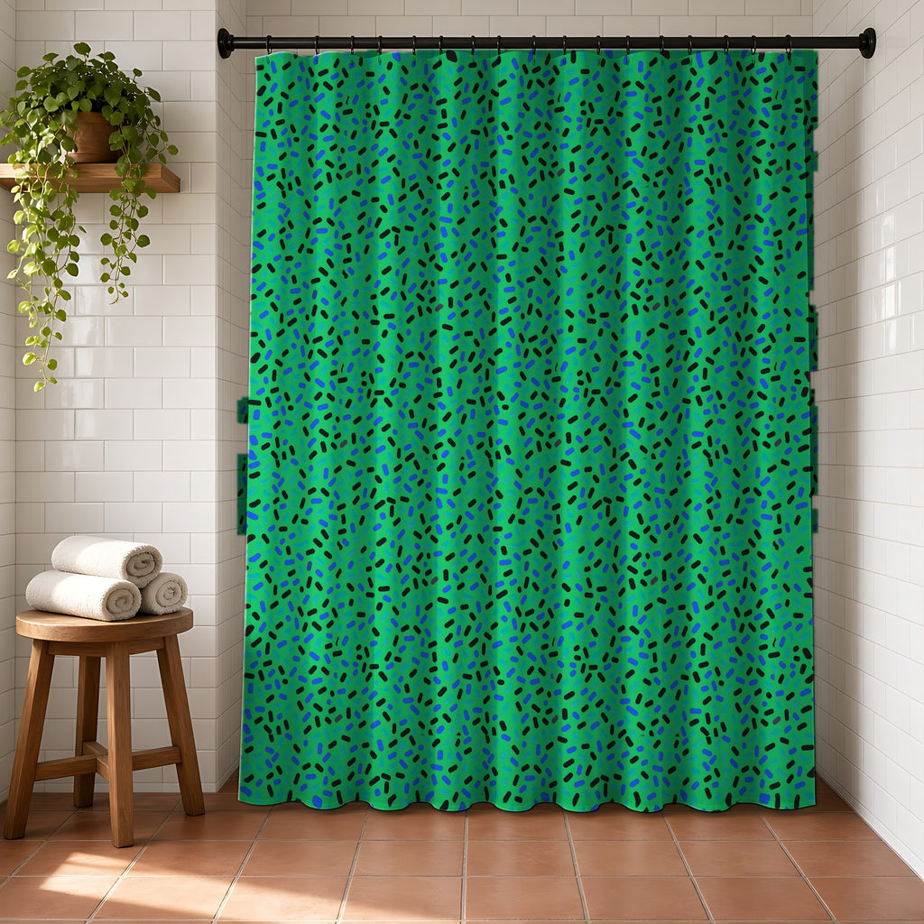 Sprinkle Pop Shower Curtain in a bright bathroom with white tiles and a terracotta floor