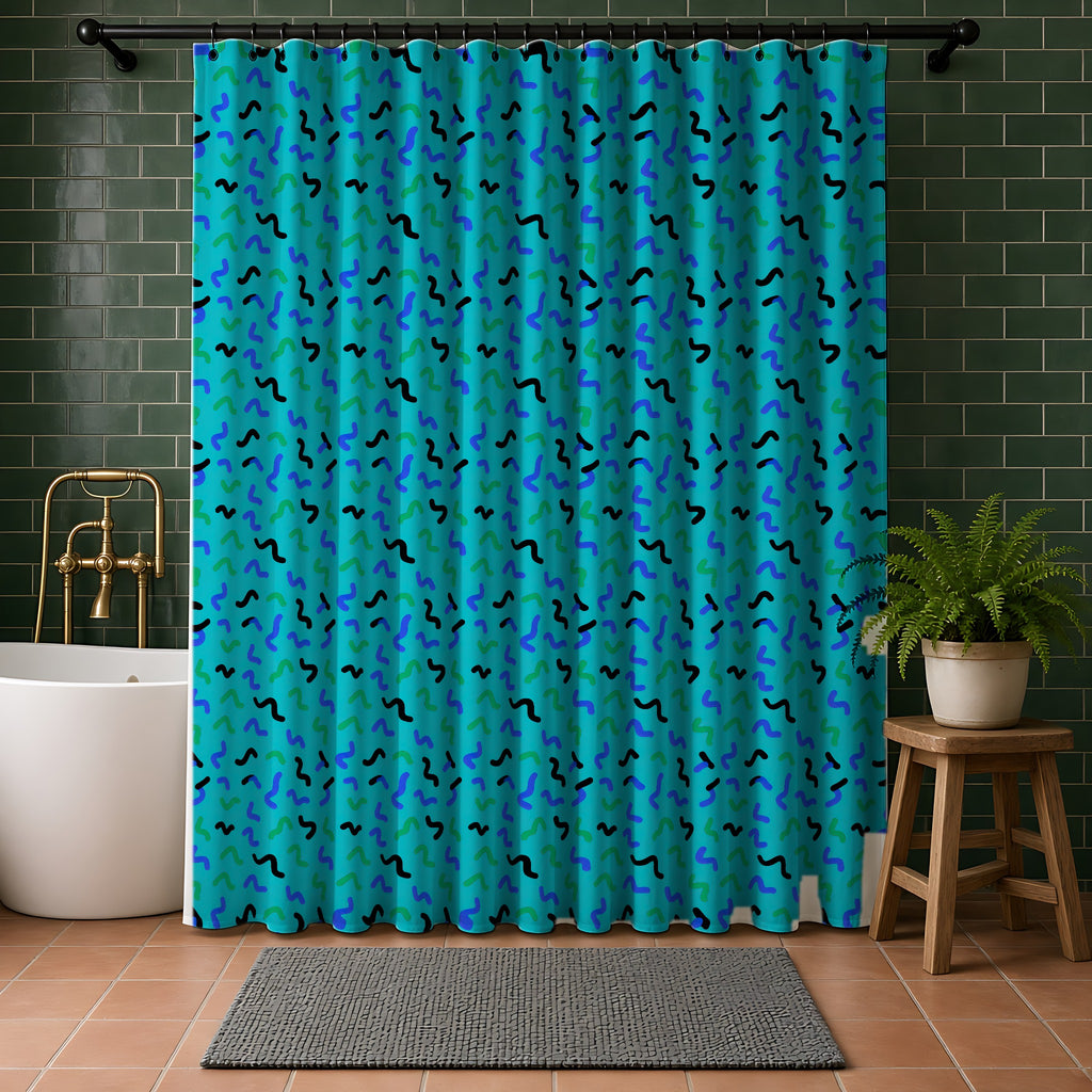 Squiggle Strokes Shower Curtain in a bathroom with dark green tiles