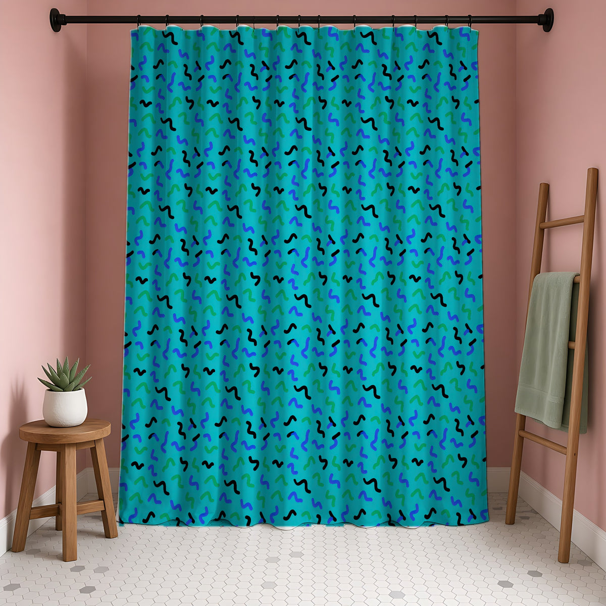 Squiggle Strokes Shower Curtain in a blush-pink bathroom