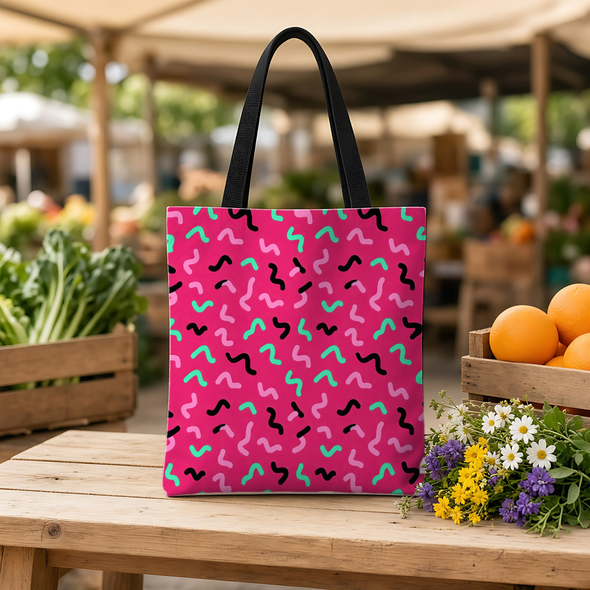 Squiggle Strokes Weekender Tote Bag on a wooden bench at a farmers market