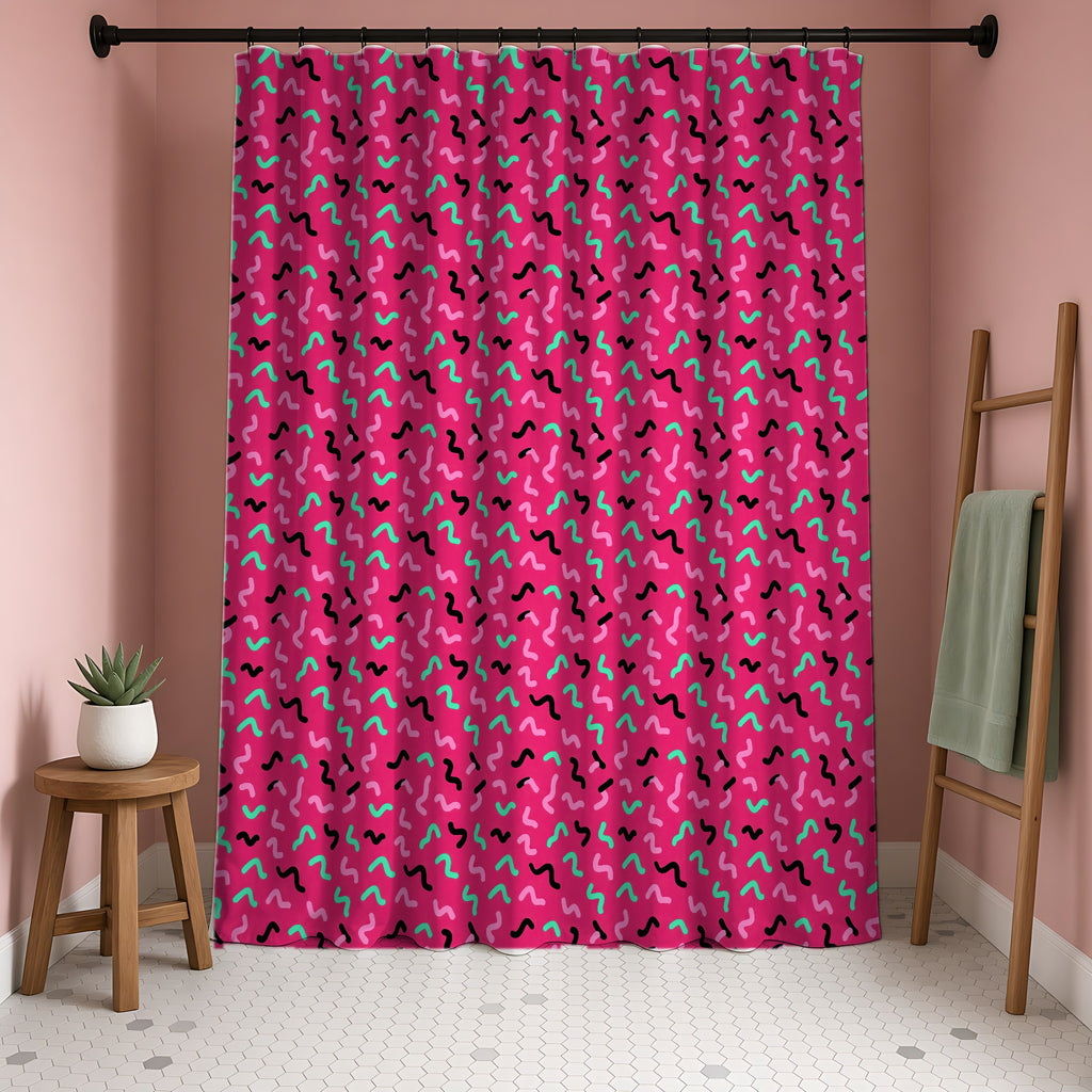 Squiggle Strokes Shower Curtain in a blush-pink bathroom