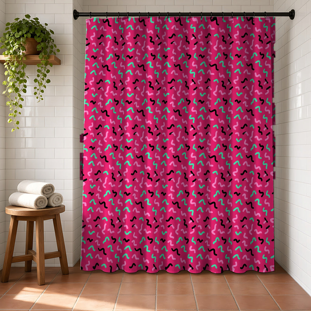 Squiggle Strokes Shower Curtain in a bright bathroom with white tiles and a terracotta floor